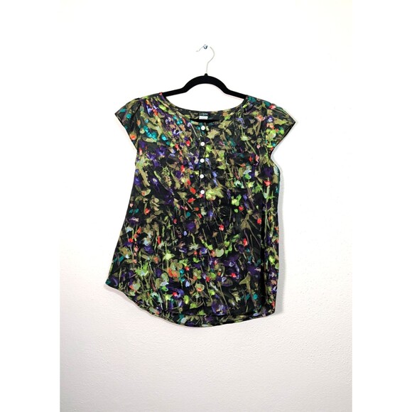 J.Crew Women M Abstract Floral Flutter Sleeve Button Front Blouse Scoop Neck - Picture 2 of 11